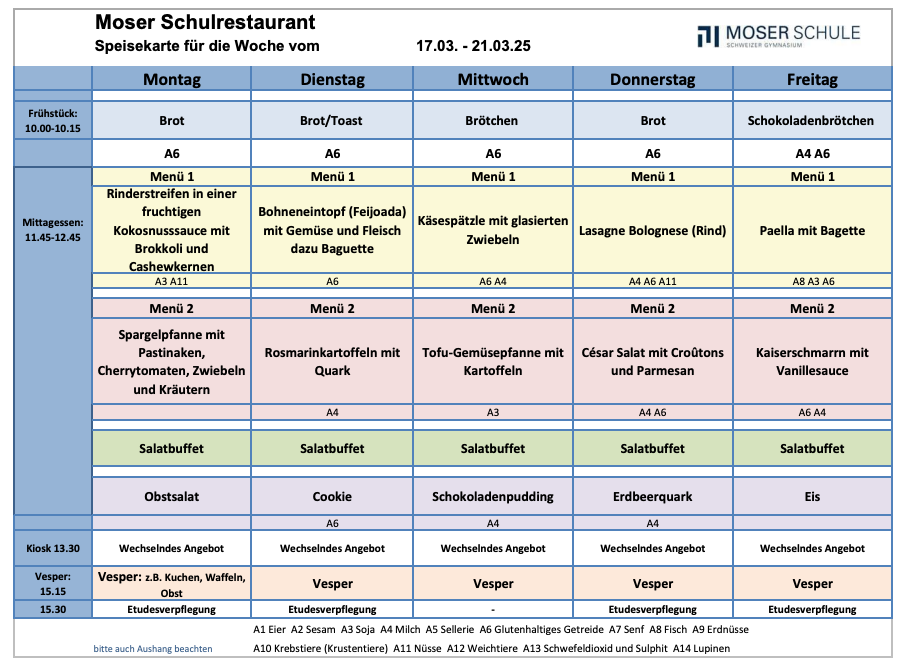 Speisekarte 17-21 März 2025