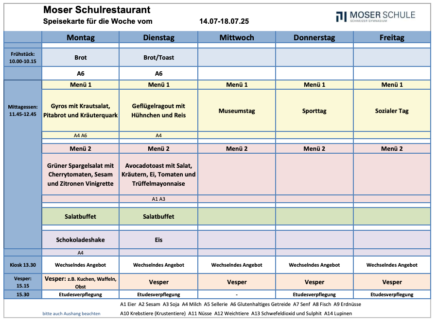 Speisekarte 14-18 Juli 2025