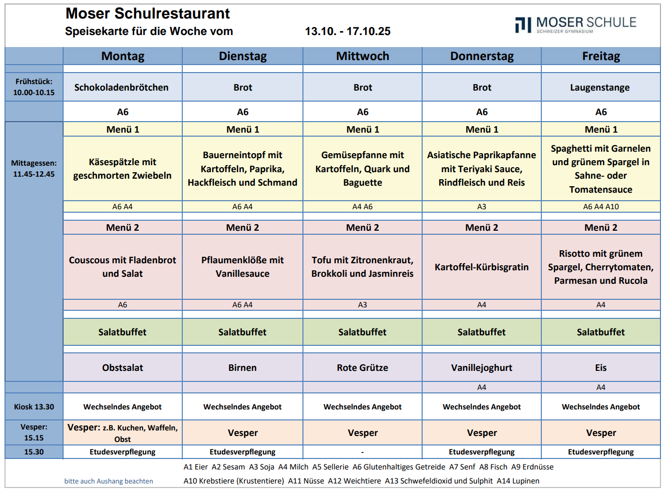 Speisekarte 13-17 Oktober 2025