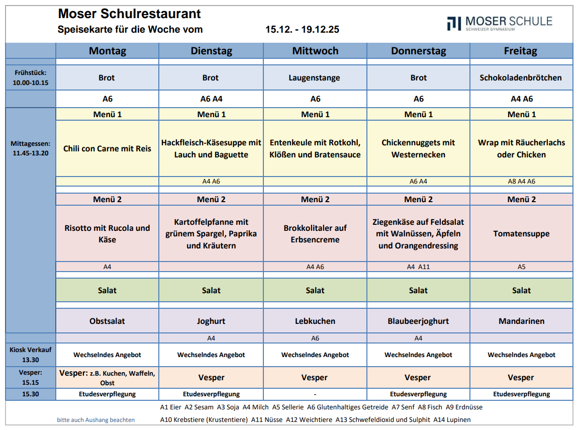Speisekarte 15.-19.Dezember 2025