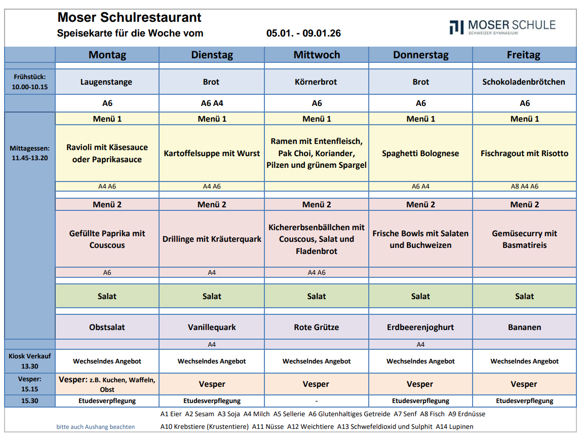 Speisekarte 05.-09.Januar 2026