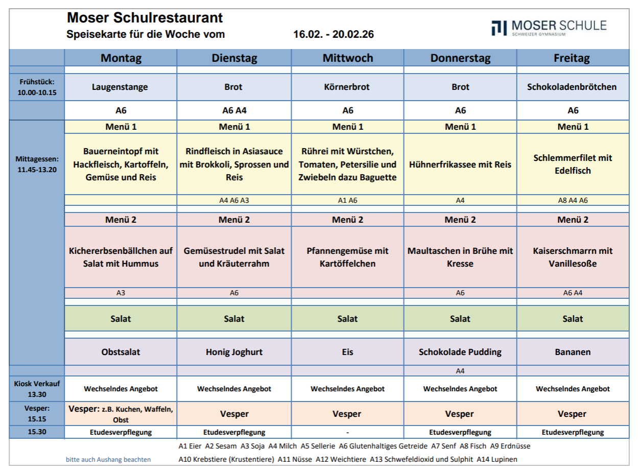 Speisekarte 16.-20. Februar 2026