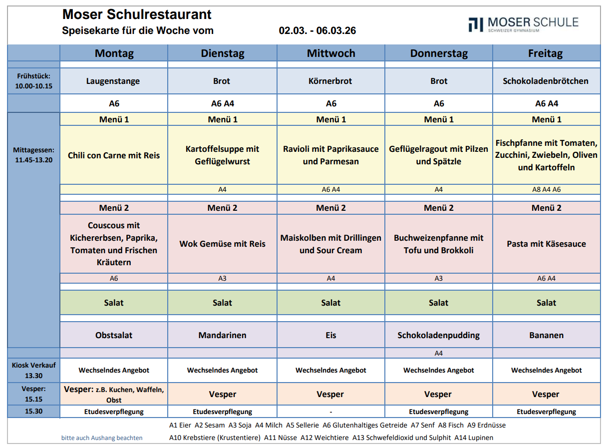 Speisekarte 2.-6. März 2026