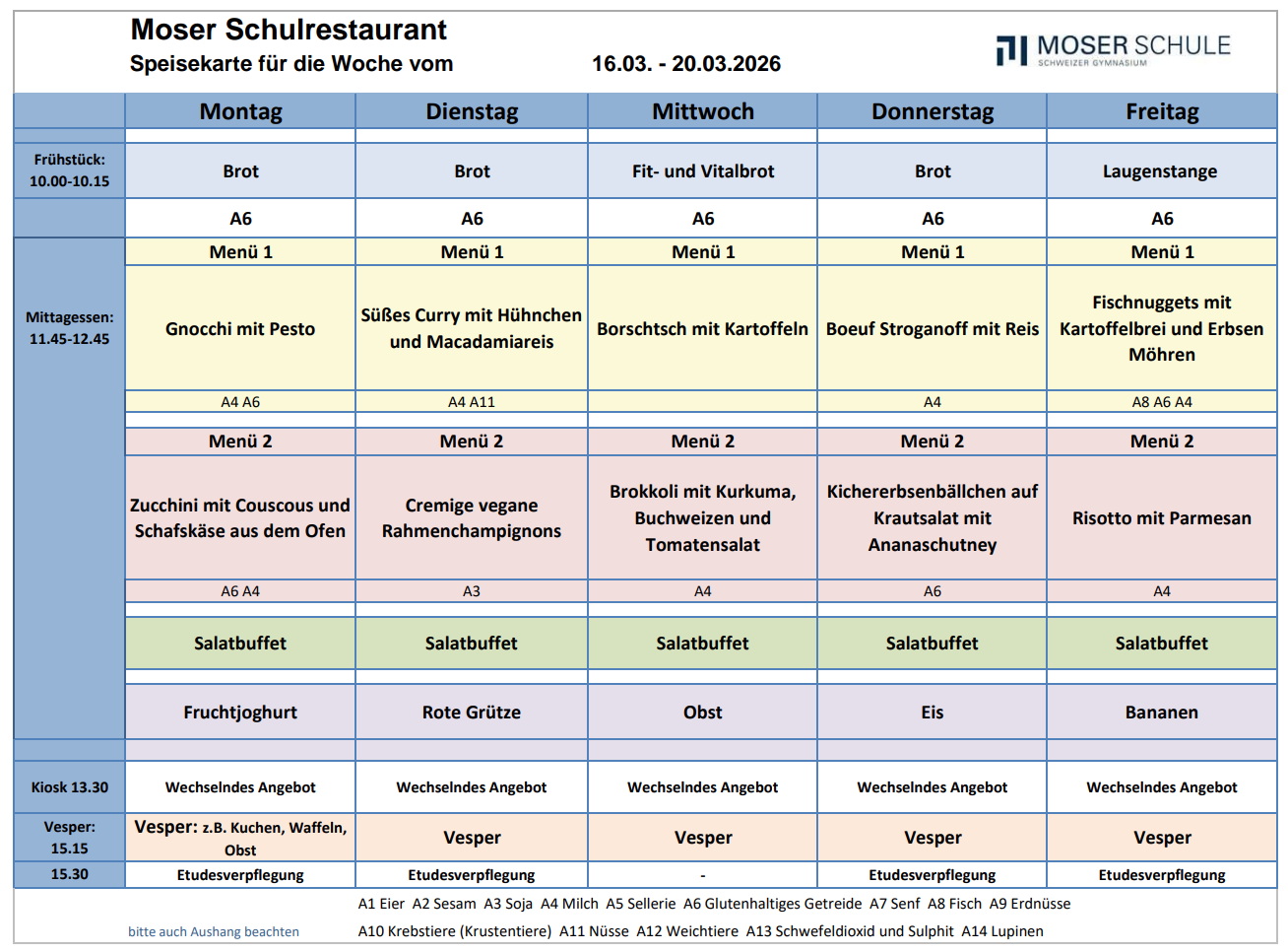 Speisekarte 16-20 März 2026