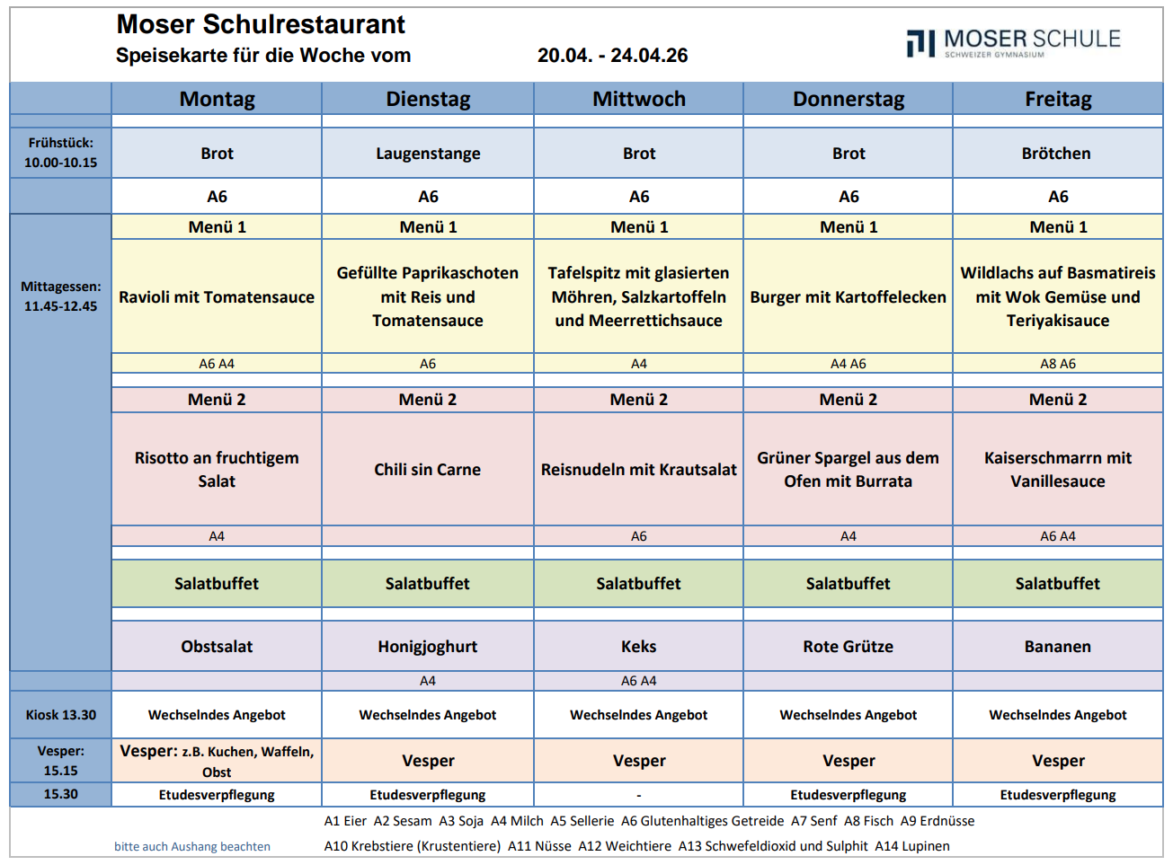 Speisekarte 20.-24. April 2026